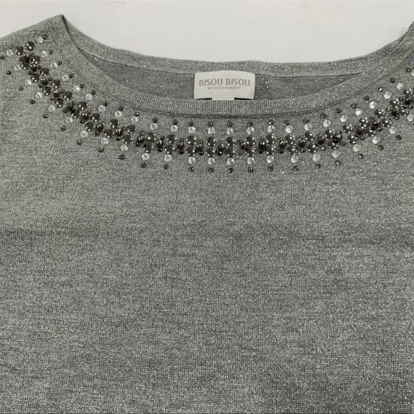 BISOU BISOU Silver Metallic Embellished Long Sleeve Sweater Size L. - Picture 4 of 5